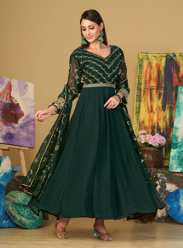 Bottle Green Georgette Embroidered Anarkali Suit