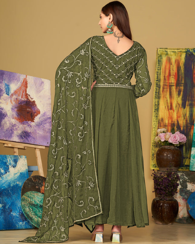 Mehendi Green Georgette Embroidered Anarkali Suit