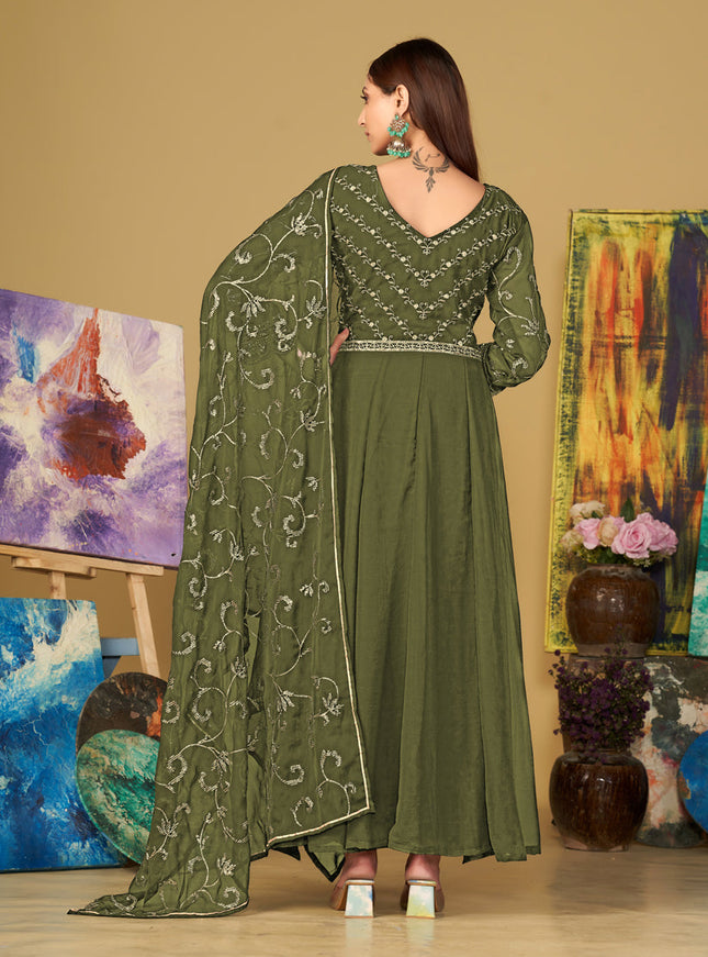 Mehendi Green Georgette Embroidered Anarkali Suit