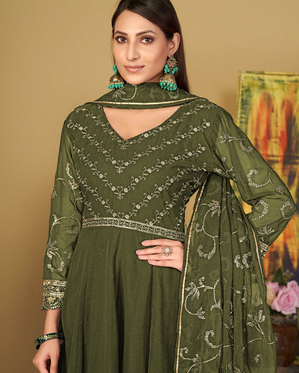 Mehendi Green Georgette Embroidered Anarkali Suit