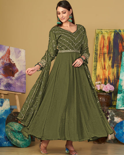 Mehendi Green Georgette Embroidered Anarkali Suit