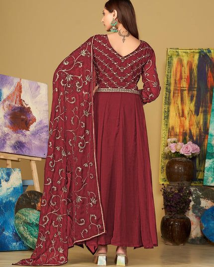 Maroon Georgette Embroidered Anarkali Suit