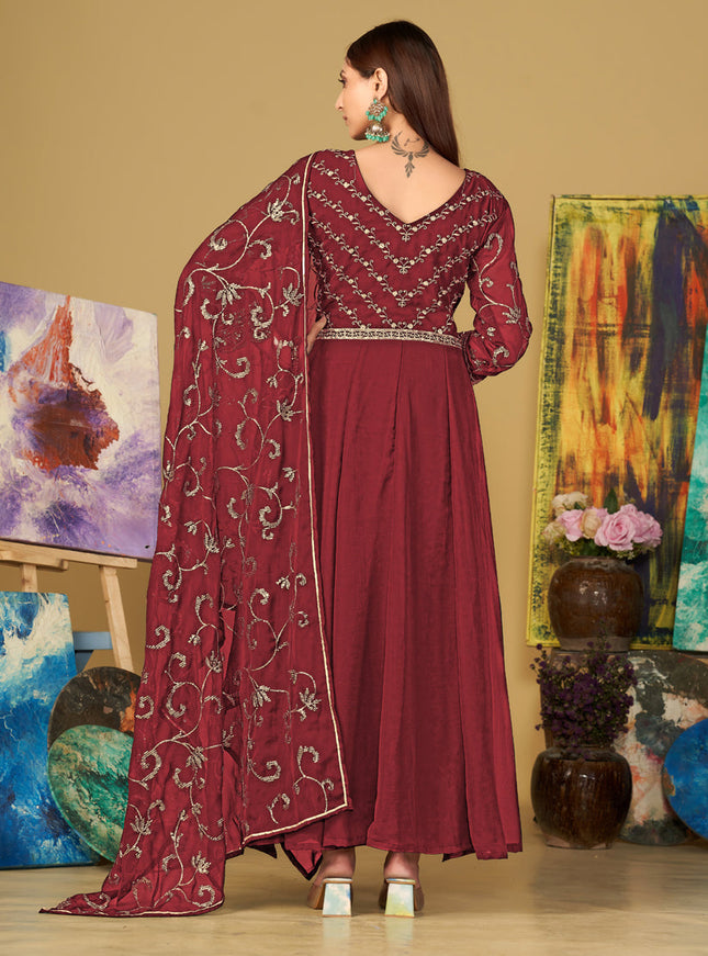 Maroon Georgette Embroidered Anarkali Suit