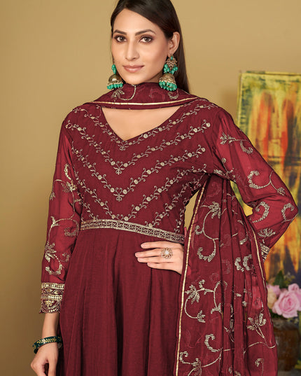Maroon Georgette Embroidered Anarkali Suit