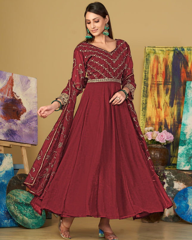 Maroon Georgette Embroidered Anarkali Suit