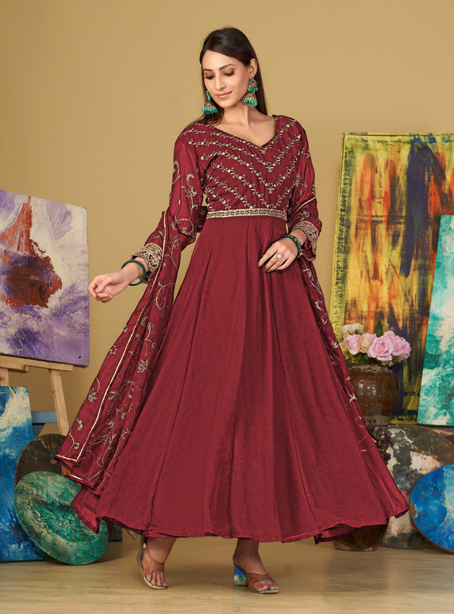 Maroon Georgette Embroidered Anarkali Suit