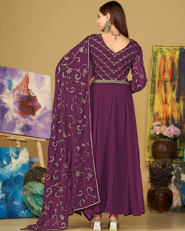 Wine Georgette Embroidered Anarkali Suit