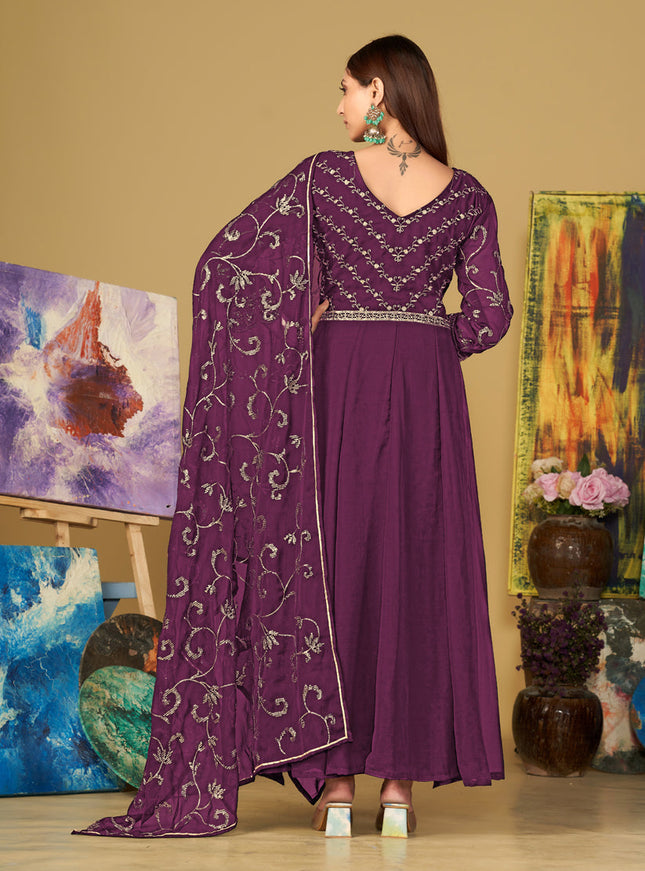 Wine Georgette Embroidered Anarkali Suit