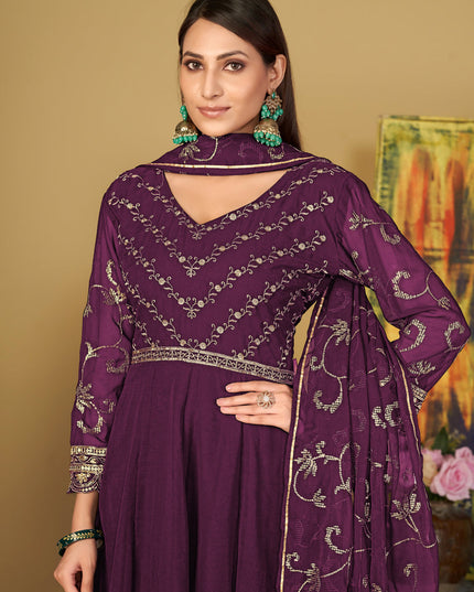 Wine Georgette Embroidered Anarkali Suit