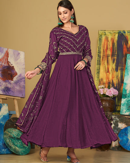 Wine Georgette Embroidered Anarkali Suit