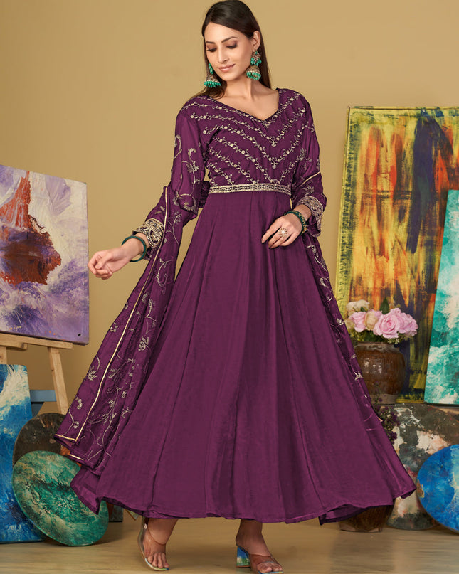 Wine Georgette Embroidered Anarkali Suit