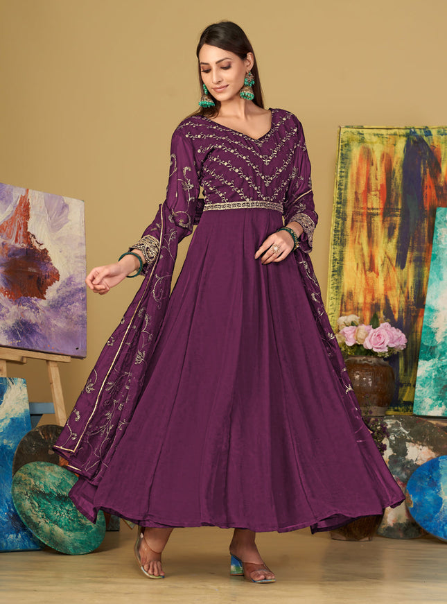 Wine Georgette Embroidered Anarkali Suit