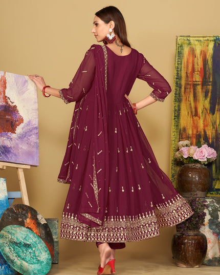 Wine Georgette Embroidered Anarkali Suit