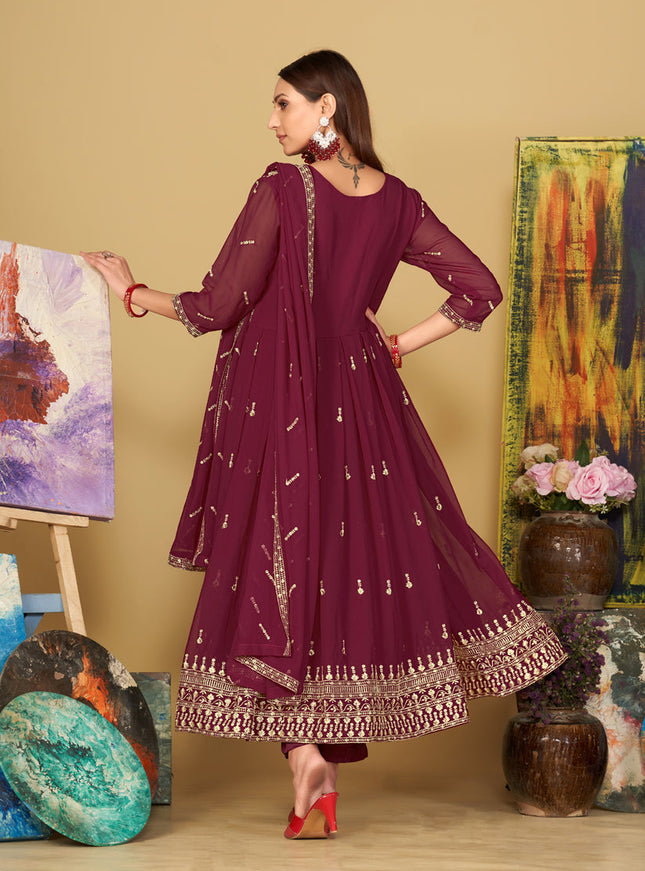 Wine Georgette Embroidered Anarkali Suit