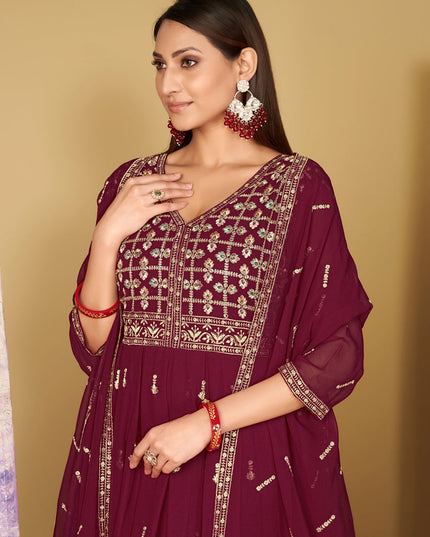 Wine Georgette Embroidered Anarkali Suit