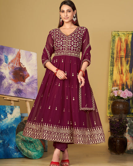 Wine Georgette Embroidered Anarkali Suit