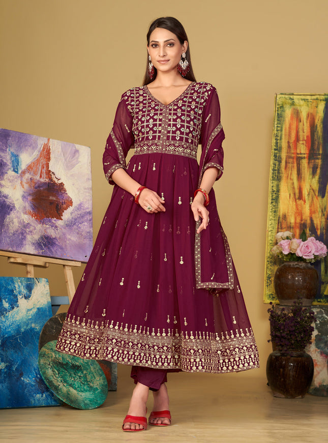 Wine Georgette Embroidered Anarkali Suit
