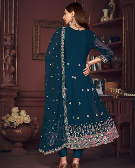 Peacock Blue Georgette Embroidered Anarkali Suit