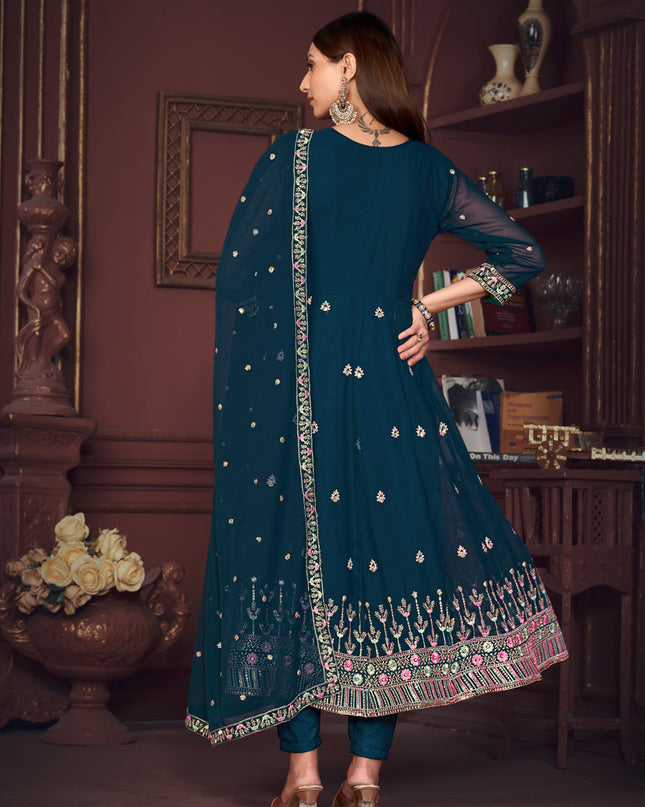 Peacock Blue Georgette Embroidered Anarkali Suit