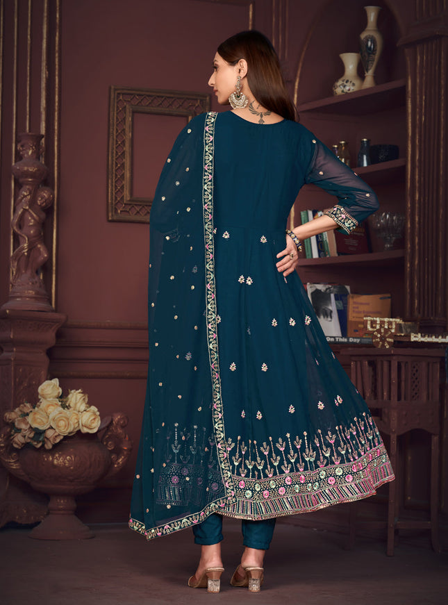 Peacock Blue Georgette Embroidered Anarkali Suit