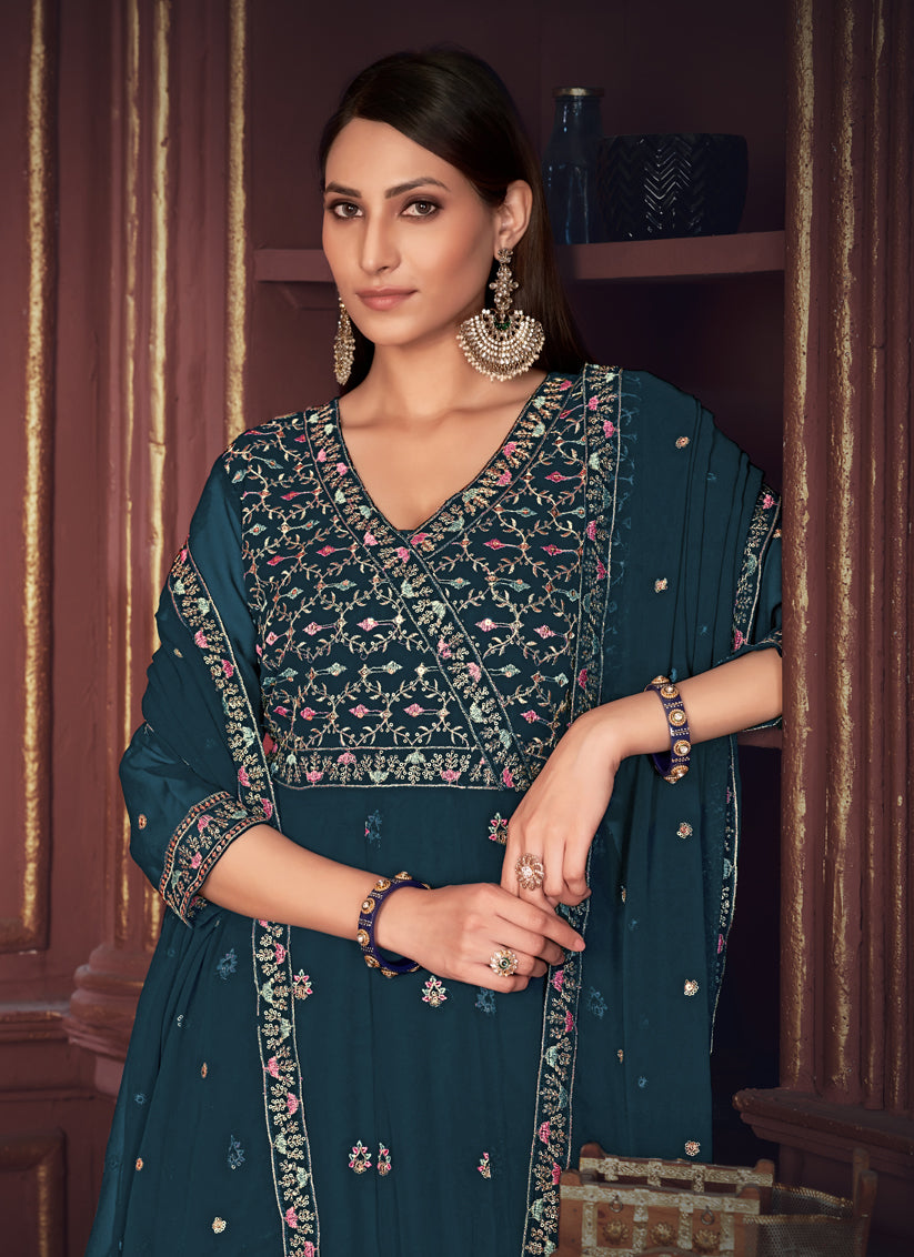 Peacock Blue Georgette Embroidered Anarkali Suit