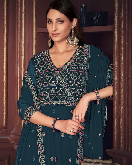 Peacock Blue Georgette Embroidered Anarkali Suit