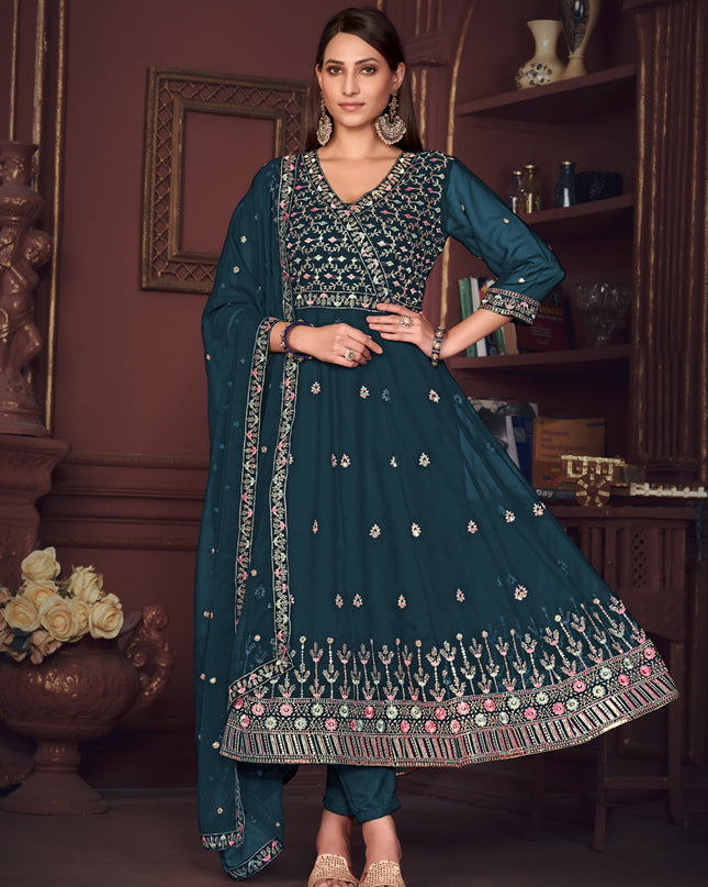 Peacock Blue Georgette Embroidered Anarkali Suit
