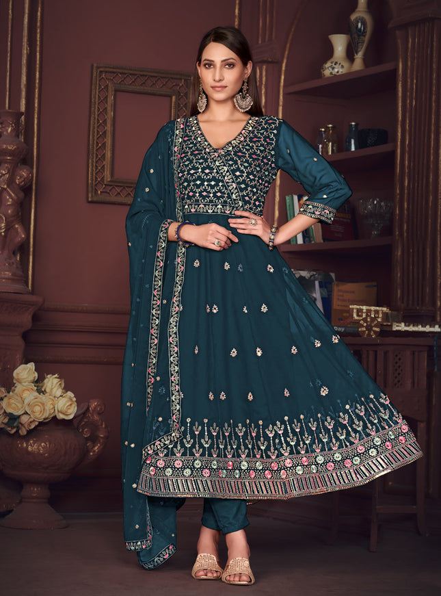 Peacock Blue Georgette Embroidered Anarkali Suit