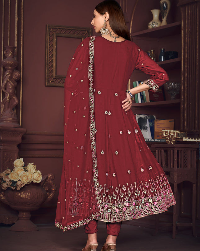Maroon Georgette Embroidered Anarkali Suit