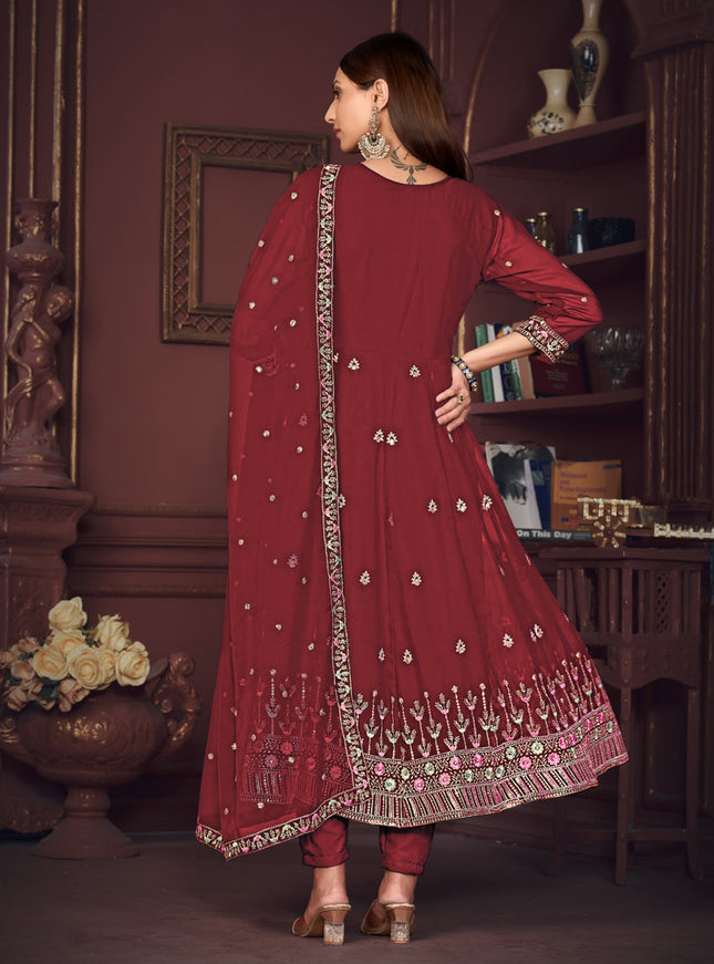 Maroon Georgette Embroidered Anarkali Suit