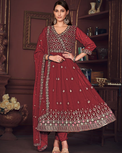 Maroon Georgette Embroidered Anarkali Suit