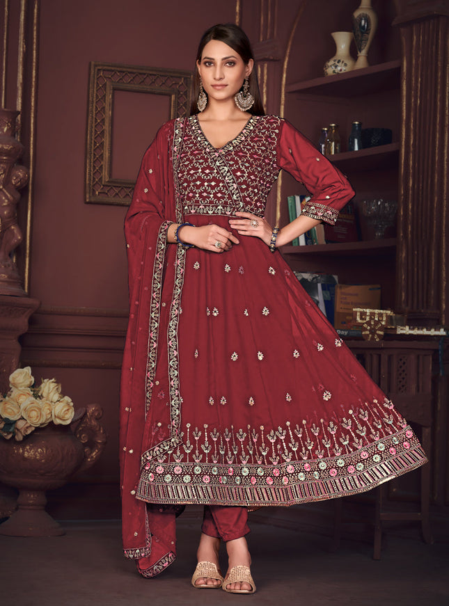 Maroon Georgette Embroidered Anarkali Suit
