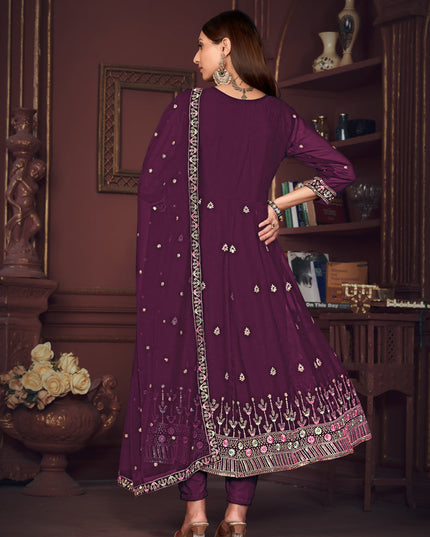 Burgundy Georgette Embroidered Anarkali Suit
