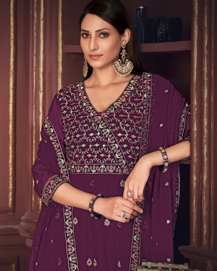 Burgundy Georgette Embroidered Anarkali Suit