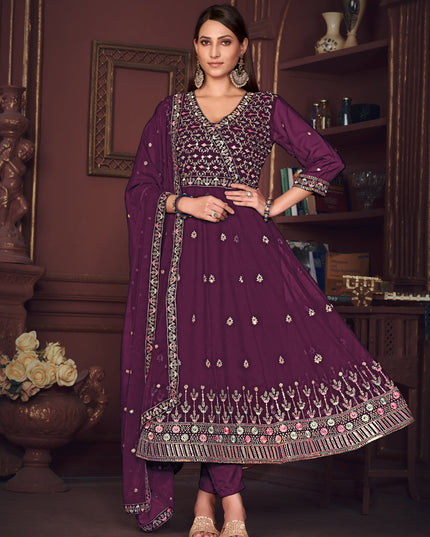 Burgundy Georgette Embroidered Anarkali Suit