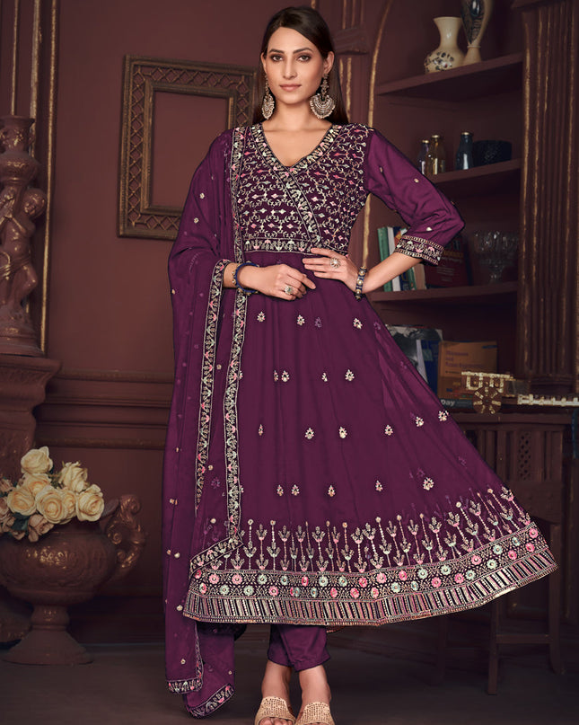 Burgundy Georgette Embroidered Anarkali Suit