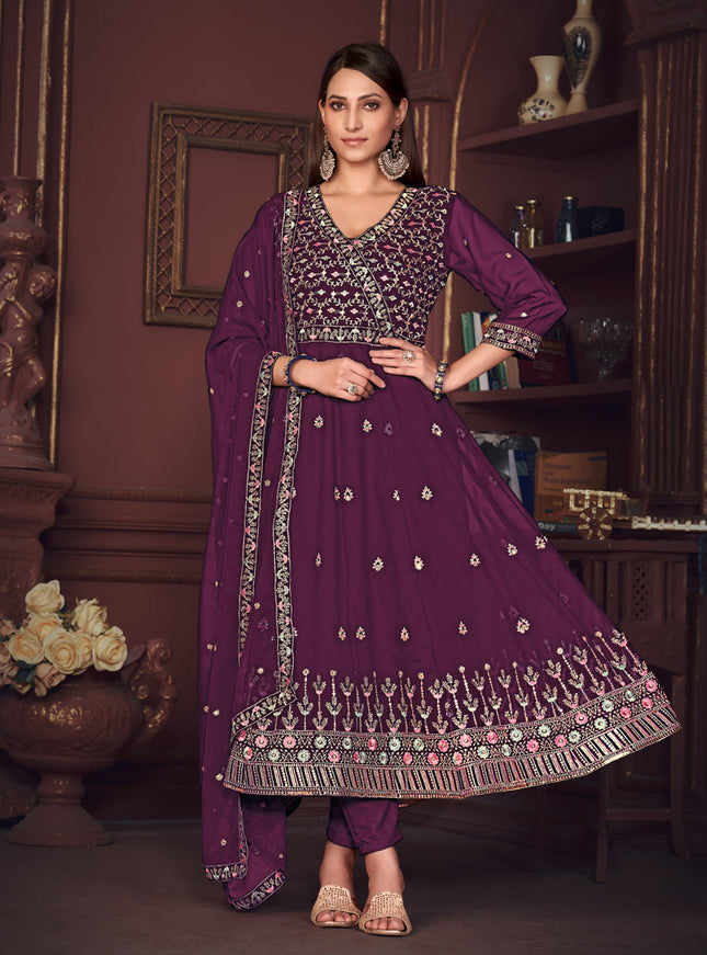 Burgundy Georgette Embroidered Anarkali Suit