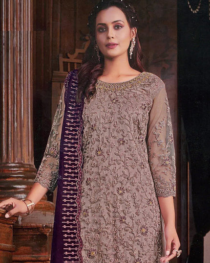 Dusty Beige Embroidered Net Palazzo Kameez