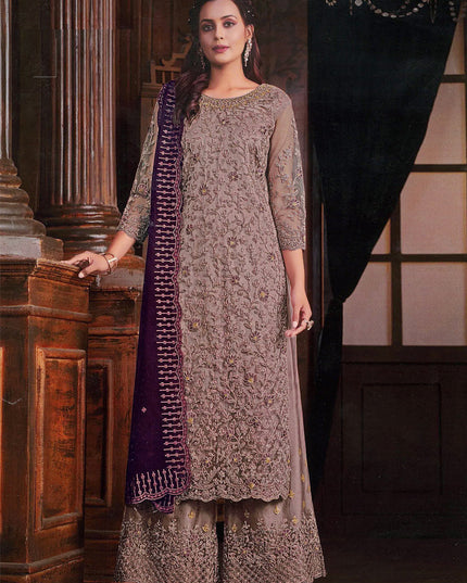 Dusty Beige Embroidered Net Palazzo Kameez