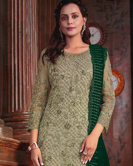 Sage Green Embroidered Net Palazzo Kameez