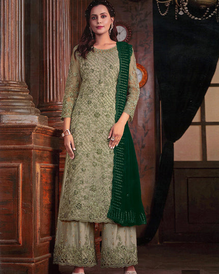 Sage Green Embroidered Net Palazzo Kameez