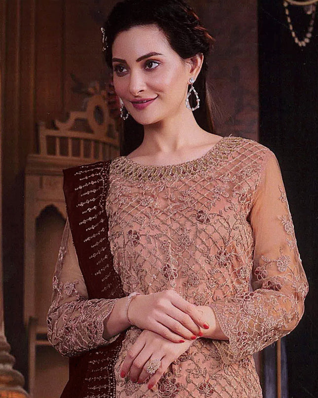 Peach Embroidered Net Palazzo Kameez