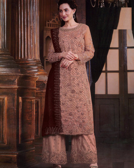 Peach Embroidered Net Palazzo Kameez