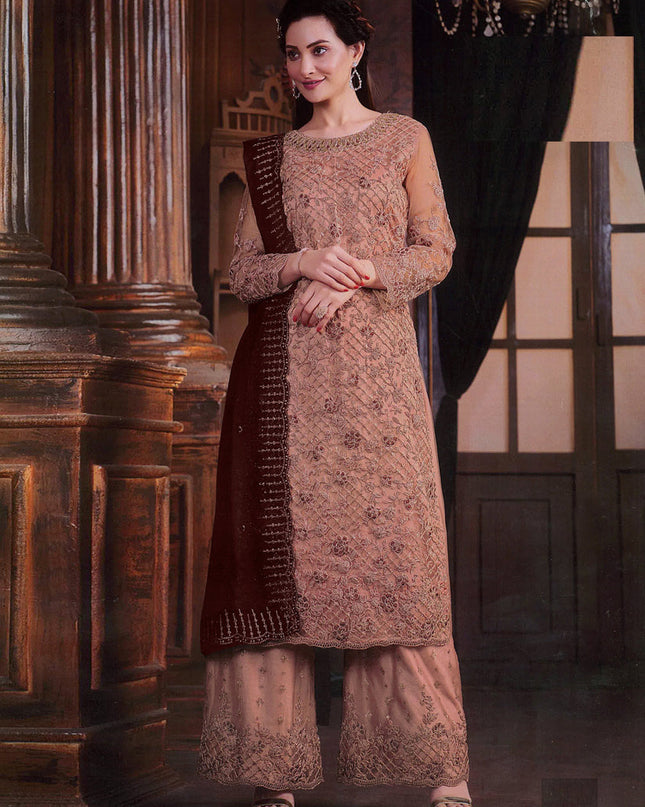 Peach Embroidered Net Palazzo Kameez