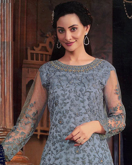 Livid Grey Embroidered Net Palazzo Kameez