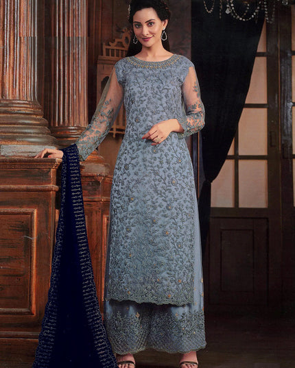 Livid Grey Embroidered Net Palazzo Kameez