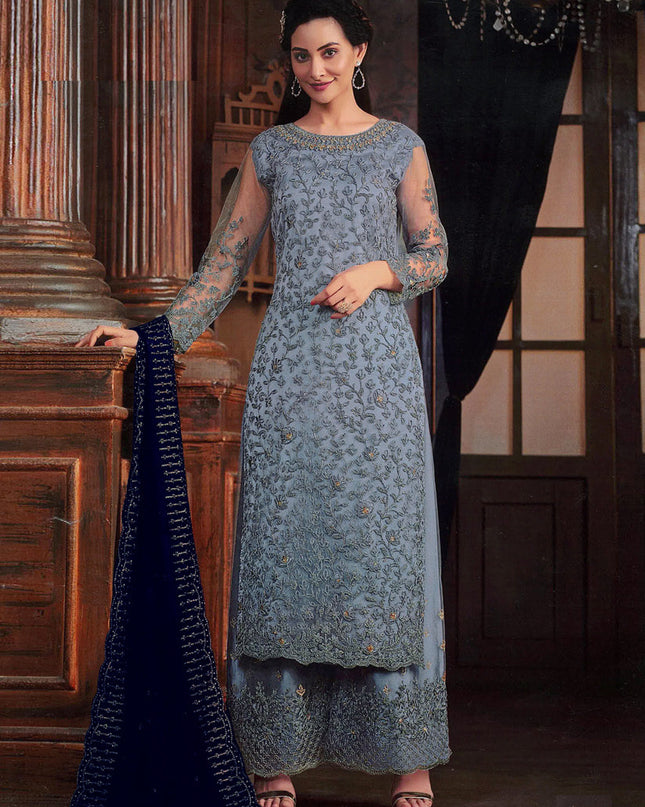 Livid Grey Embroidered Net Palazzo Kameez