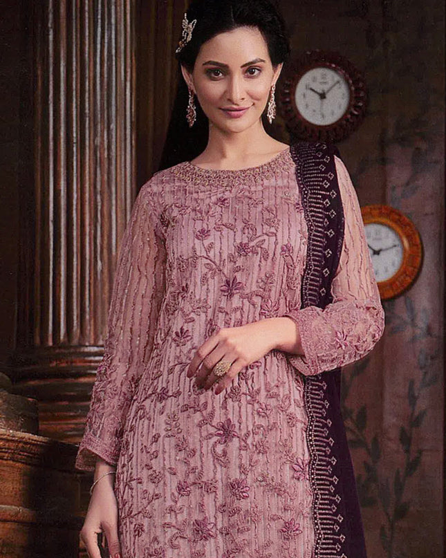 Dusty Pink Embroidered Net Palazzo Kameez