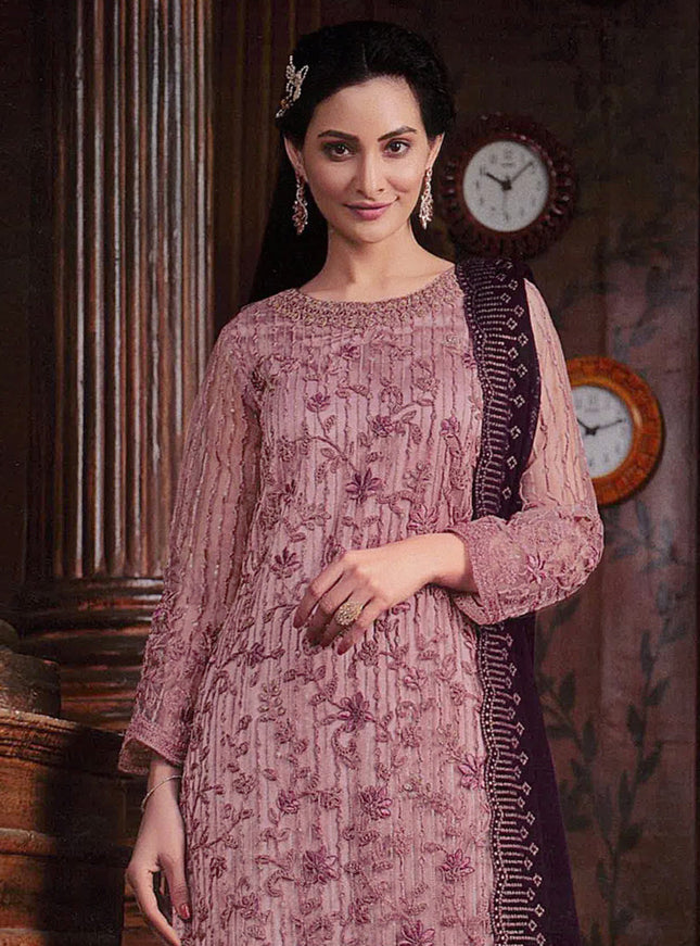 Dusty Pink Embroidered Net Palazzo Kameez