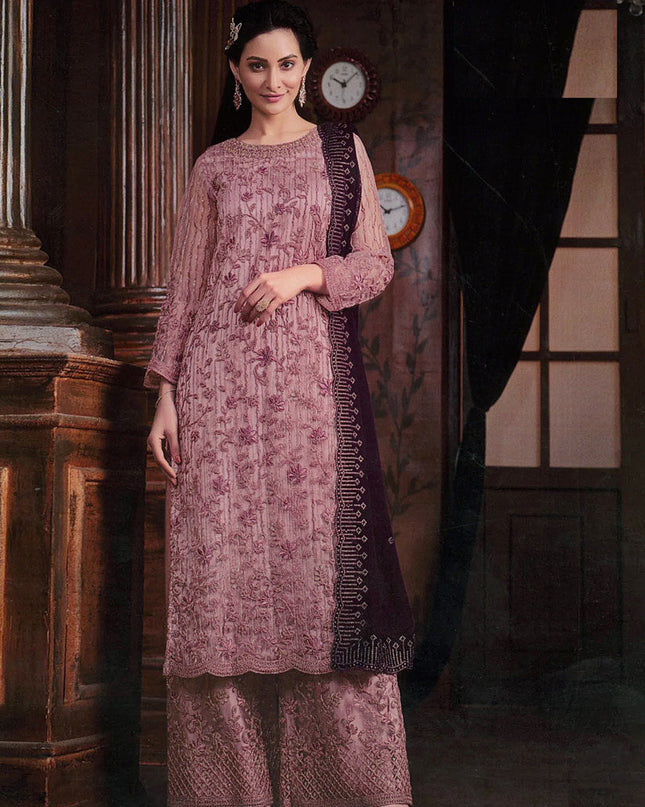 Dusty Pink Embroidered Net Palazzo Kameez